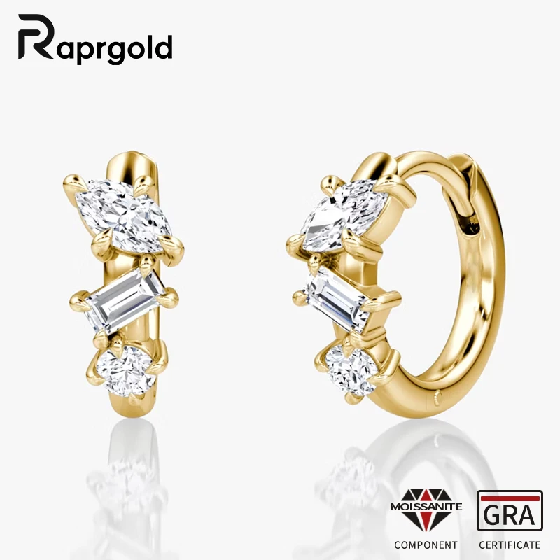 

Серьги-кольца RAPRGOLD с тремя муассанитами разных размеров для женщин, позолоченные 14-каратным золотом, изящные ювелирные украшения, подарок с сертификатом GRA