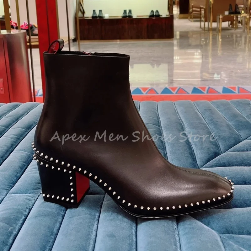 Genuine Leather Men's Studded Rivet Ankle Boots Black Chunky Heel Side Zip Streetwear Trendy Boots Autumn Fashion Modern Boots