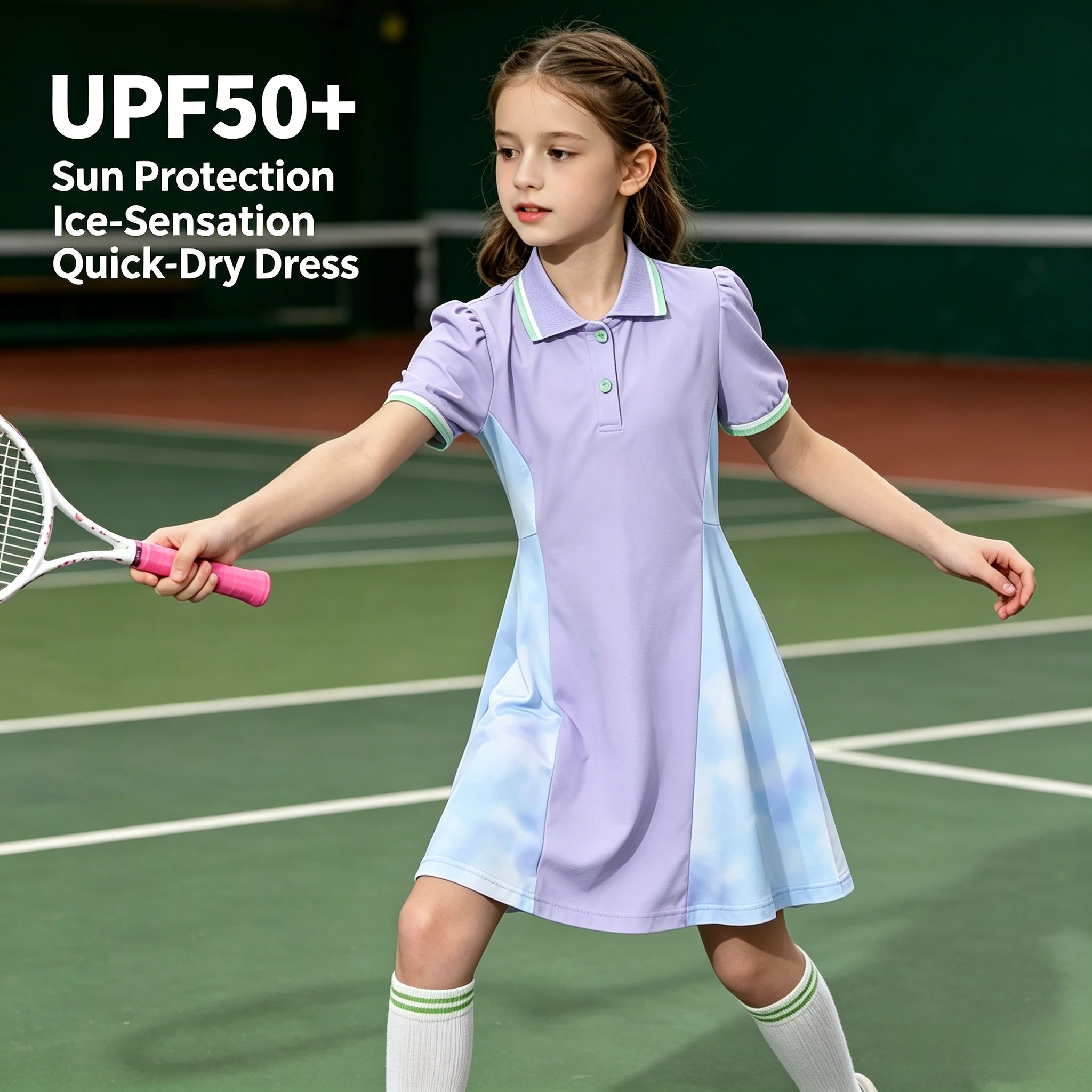 Girls UPF50+ Quick Dry Tennis Outdoor Dress Puff Sleeve Breathable Sport A Line Dress Casual School Golf Running Kids Outfit