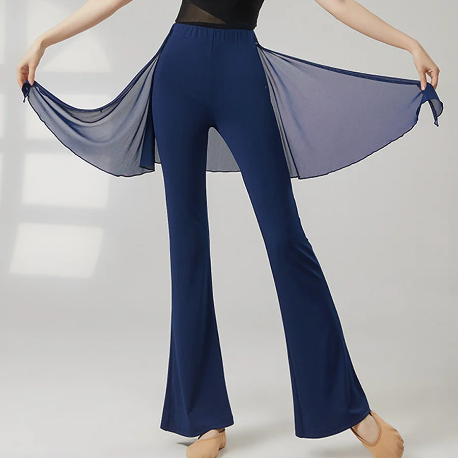 Women Yoga Pants Mesh Hip Cover Modern Dance Flare Leg Practice Pants Breathable Skin Friendly Classical Dancing Trouser Fitness