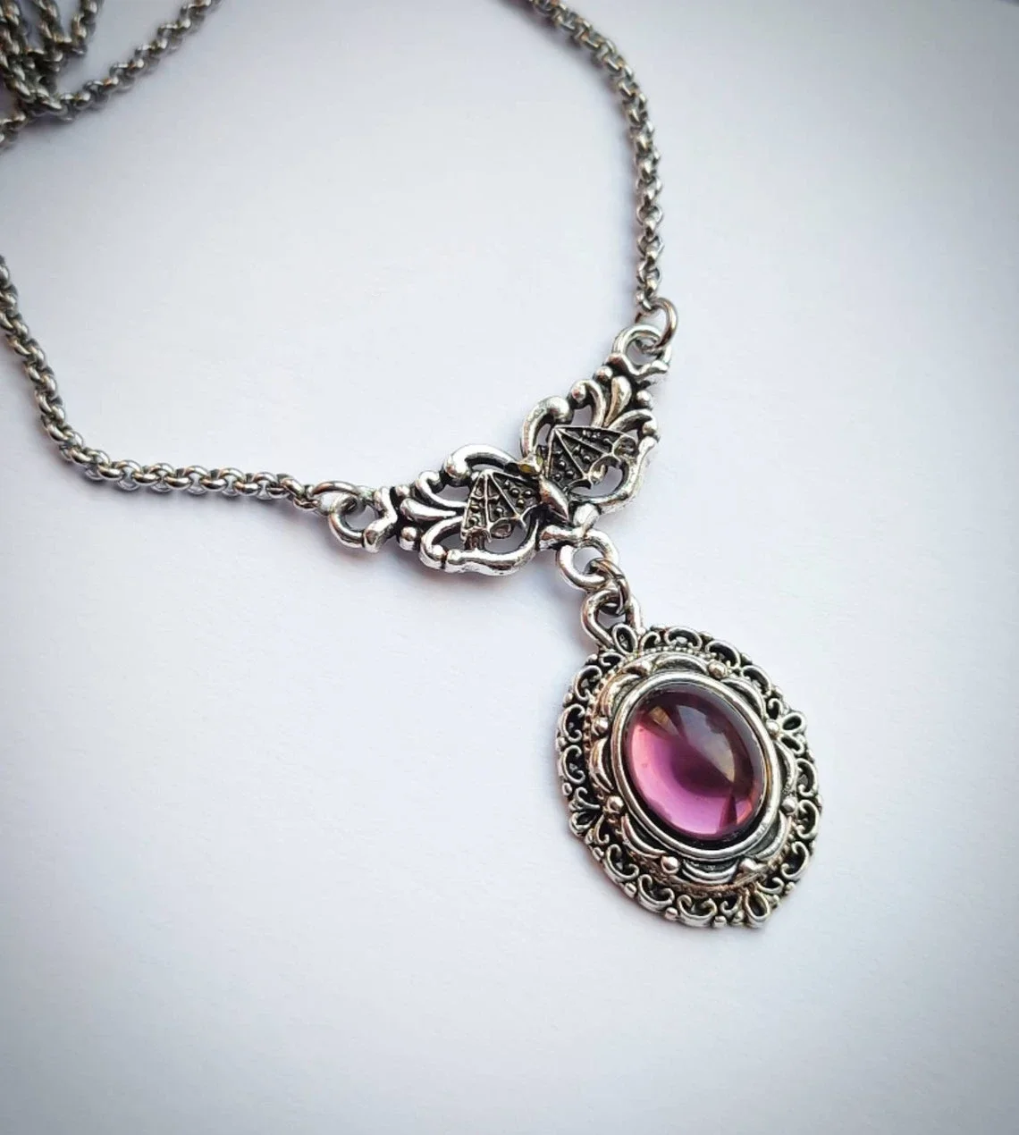 Victorian Gothic Vampire Bat and Purple Crystal Pendant Necklace