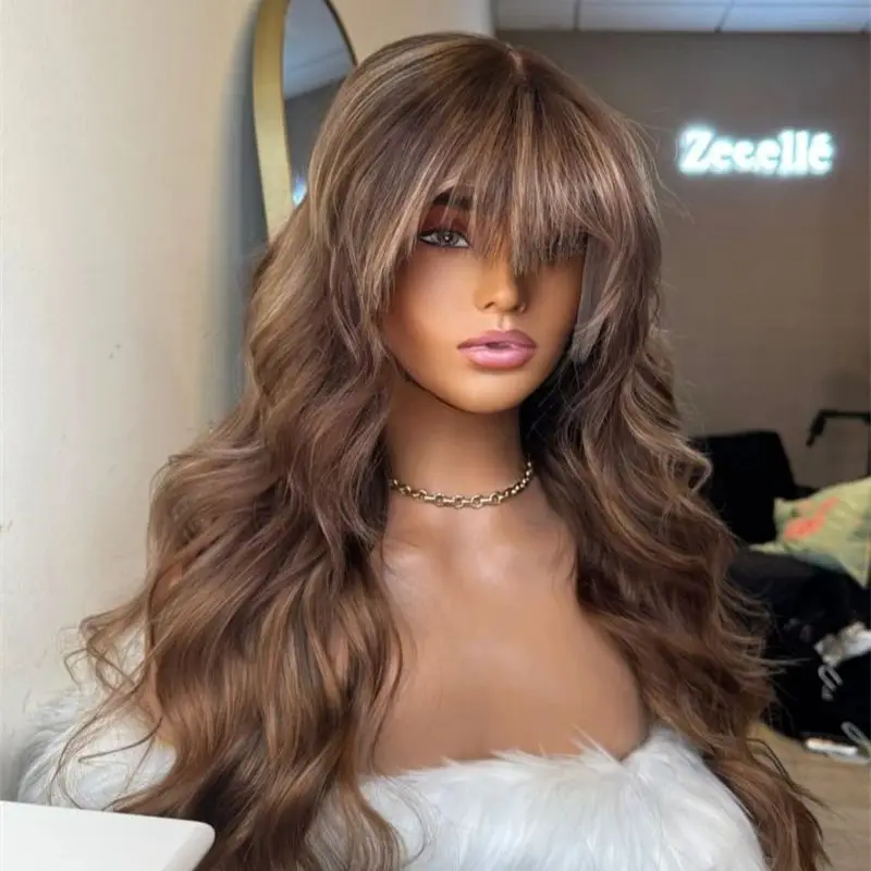 

Brown Blonde Lowlights Lace Top Wigs with Bangs Girl Natural Synthetic Lace Wig Sale Full Fringe Natural Looking Middle Parting