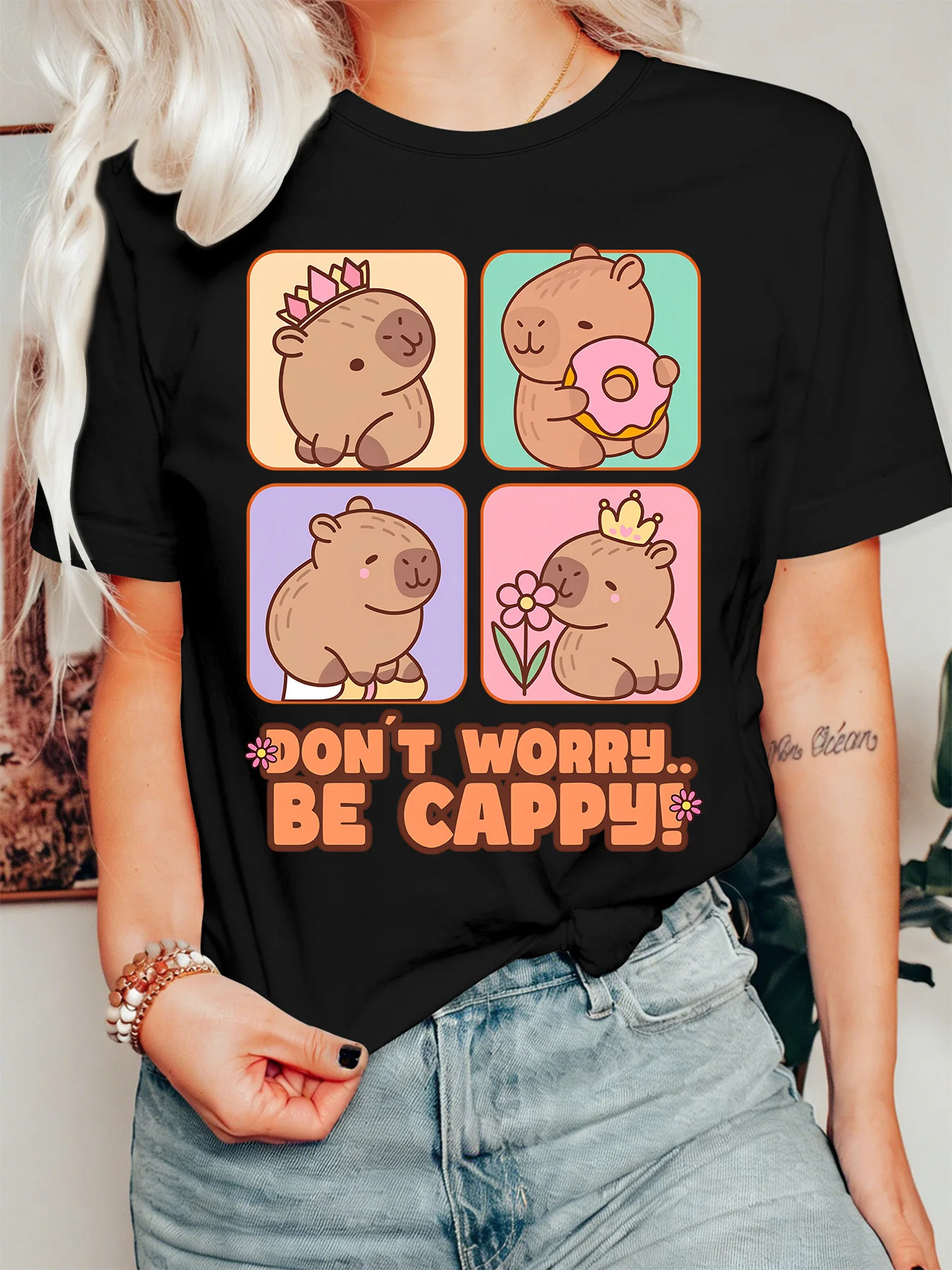 Kawaii Capybara Womens T Shirt Don T Worry Be Cappy Cute Animal Graphic Tee Short Sleeve Casual Daily Streetwear Ladies Tops