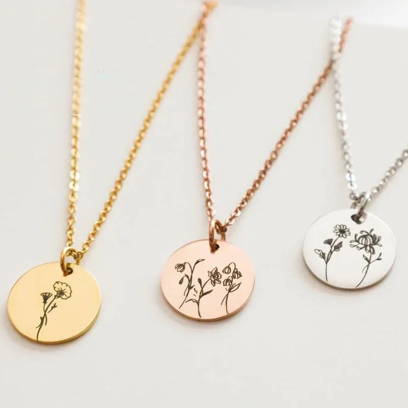 14K Gold Filled Birth Flower Necklace, Disc Necklace, Engraved Jewelry,Birthstone Gifts, Gifts for Her