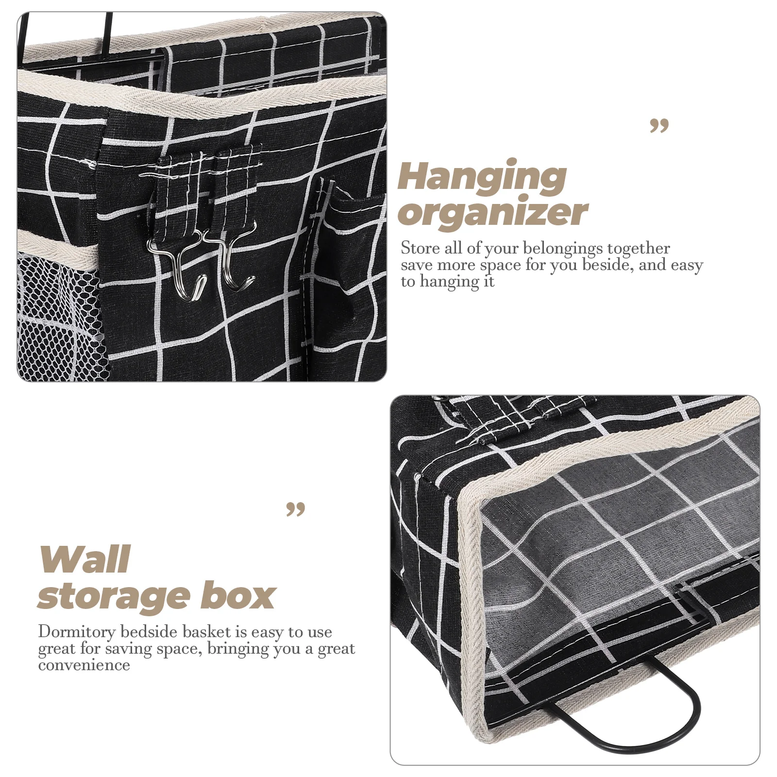 

Fabric Hanging Basket Storage Bags Black Iron Wall Baskets Large Capacity Dormitory Bedside ganizer Linen Material Suitable
