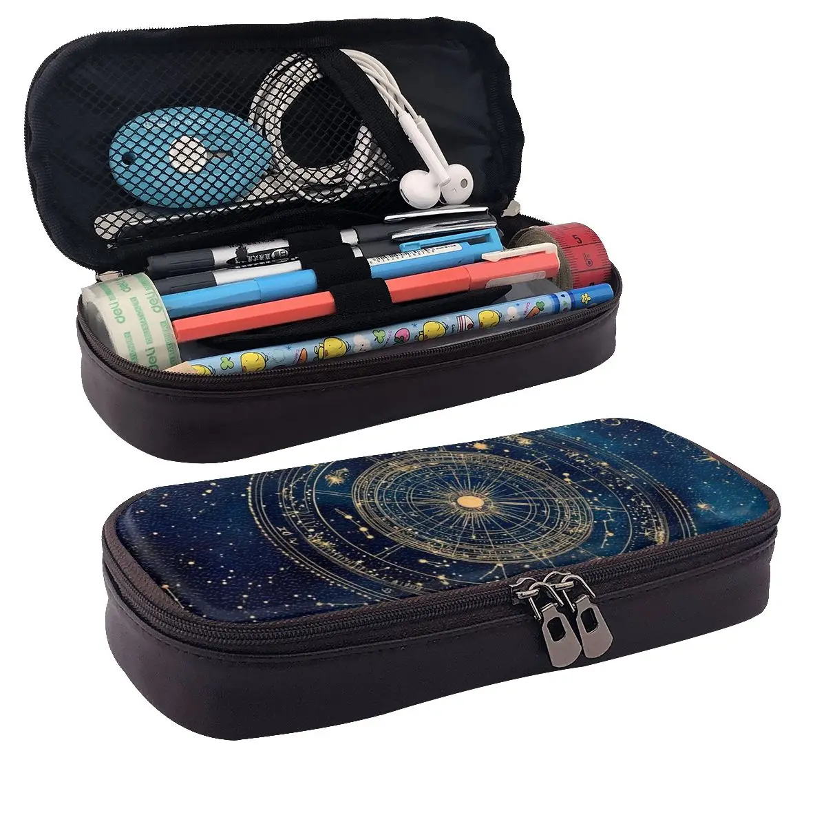 Starry Night Sky With Glowing Golden Star And Constellation Leather Pencil Case Pencil Pouch Large Capacity Pen Box Pencil Bag