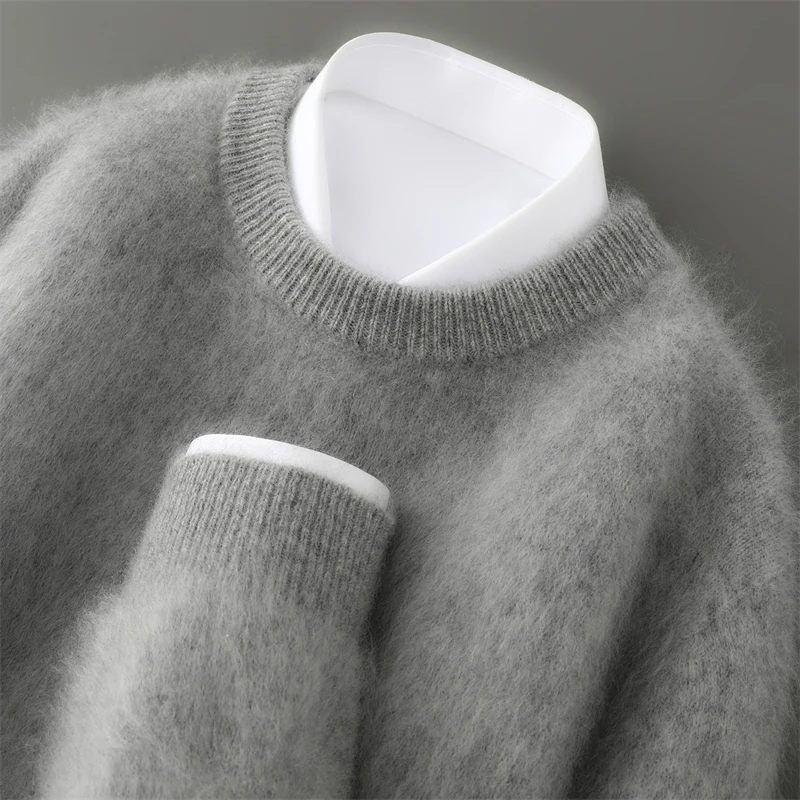 Men's O-Neck Pullover Sweater Fluffing Pure Wool Knit Warm Solid Color Business Bottoming Long Sleeve Top for Autumn Winter