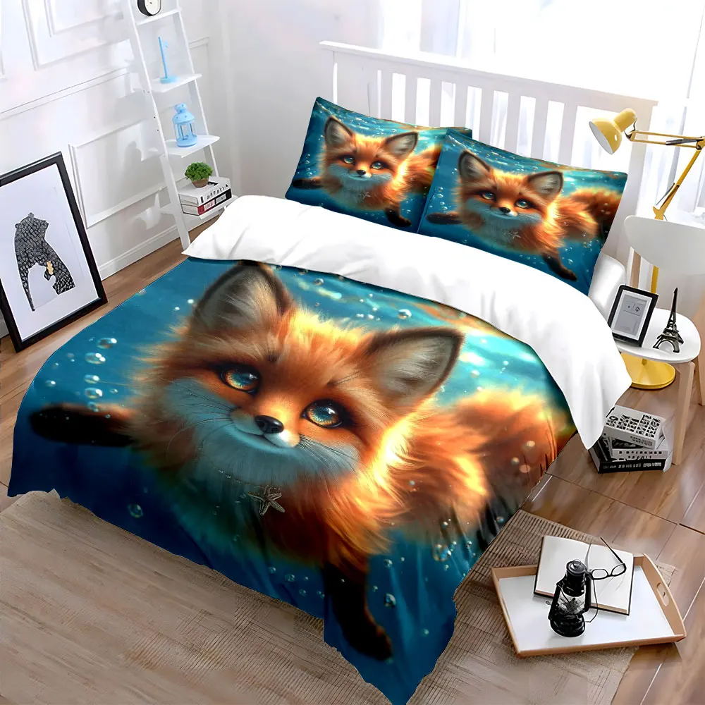 Fluffy tail swimming in clear water Print Bedding Set 1 Duvet Cover 2 Pillowcases for Adult and Children Luxury Gift Full Size