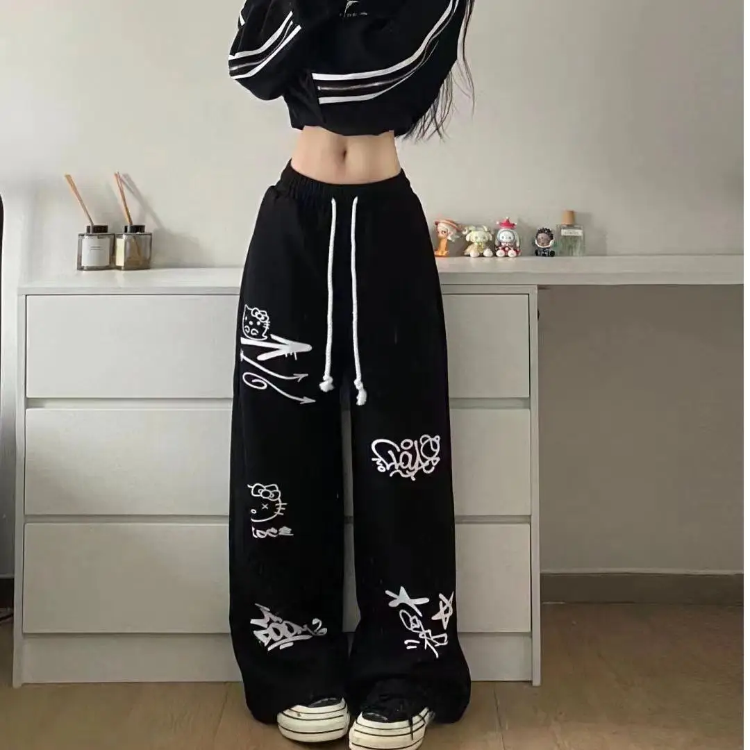 Fashionable Hello Kitty Sports Pants Drawstring Waist Loose Hip Hop Jazz Dance Pants Retro Street Graffiti Straight Leg Pants