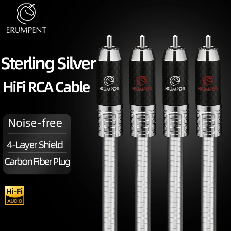 ERUMPENT One Pair HiFi Sterling Silver RCA Cable High End 2RCA Male to 2RCA Male Audio Cable 4-Layer Shield for Amplifier
