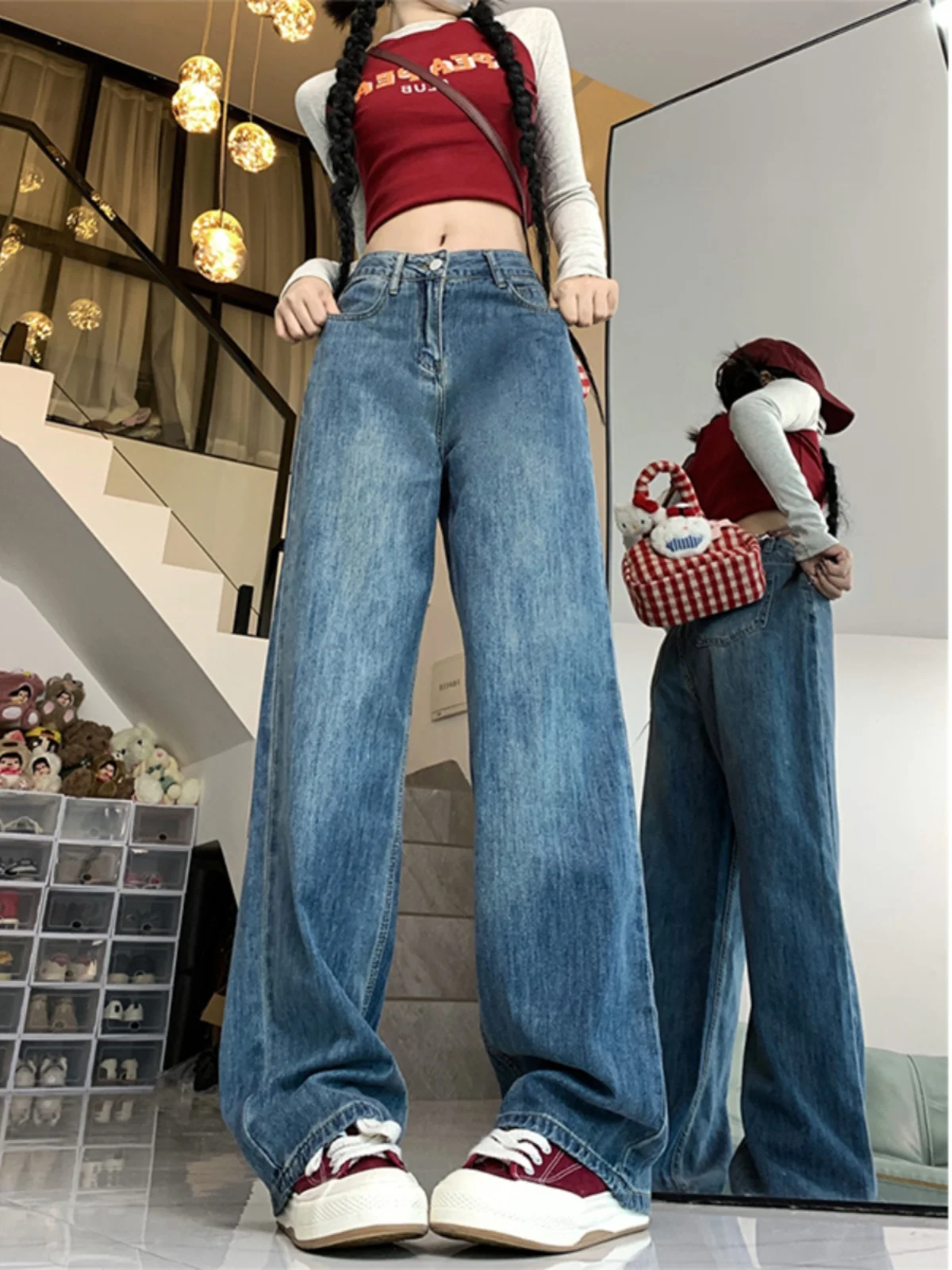 

Синие джинсы с высокой талией и широкими штанинами, женские прямые брюки в стиле ретро, большие размеры, удобные свободные брюки для осеннего сезона