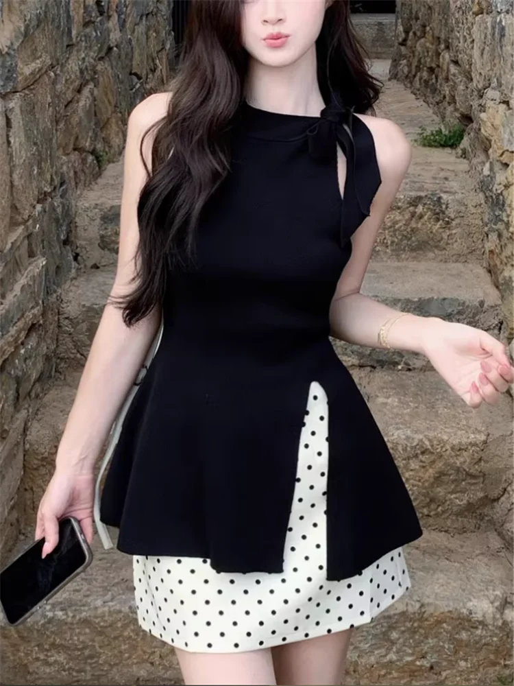 

Элегантные женские комплекты из двух предметов в стиле ретро, черно-белые вязаные майки без рукавов с разрезом и мини-юбка в горошек