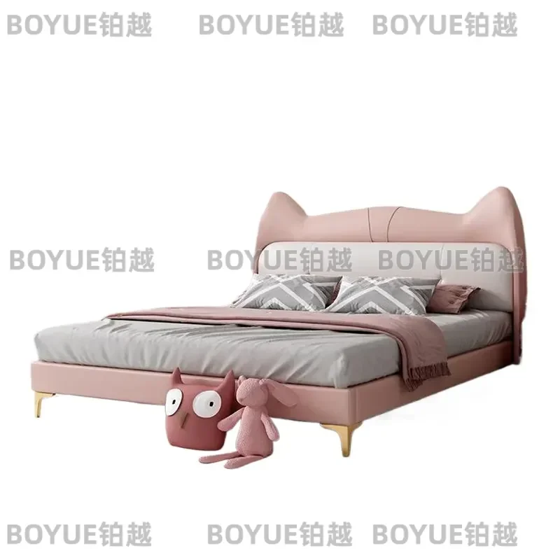 Kids Cartoon Cat Leather Bed Solid Wood Frame Pink Princess Girl Boy Bedroom Furniture Double Size Cute Animal Theme Sleeping
