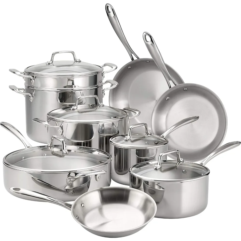 Tri-Ply Clad Stainless Steel 14-Piece Cookware Set with Glass Lids, Pots and Pans Kitchen Set, Induction-Ready, Dishwasher-Safe