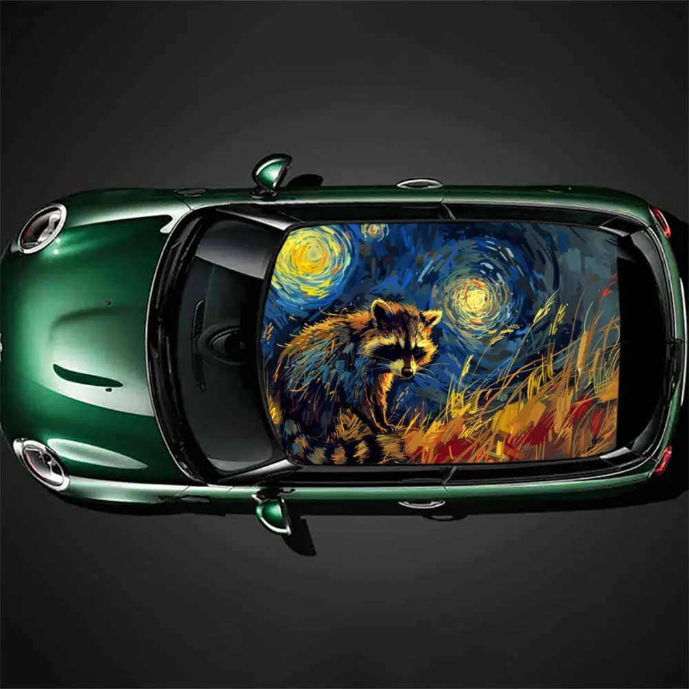 

Raccoon Van Gogh Starry Sky Car Roof Sticker Wrap Racing SUV Auto Accessories Packaging PVC Car Hood Graphic Decal Decoration