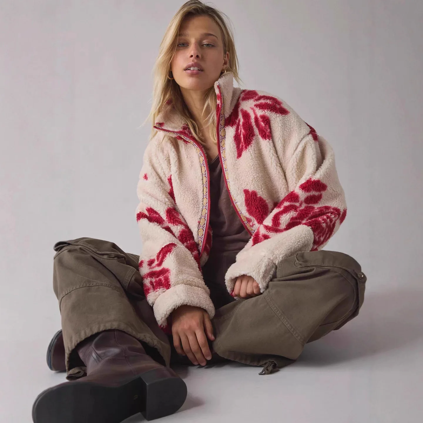 

Осень-зима клетчатый принт из искусственного меха на молнии спереди открытый кардиган шерстяная куртка женская модная верхняя одежда пальто с воротником-стойкой