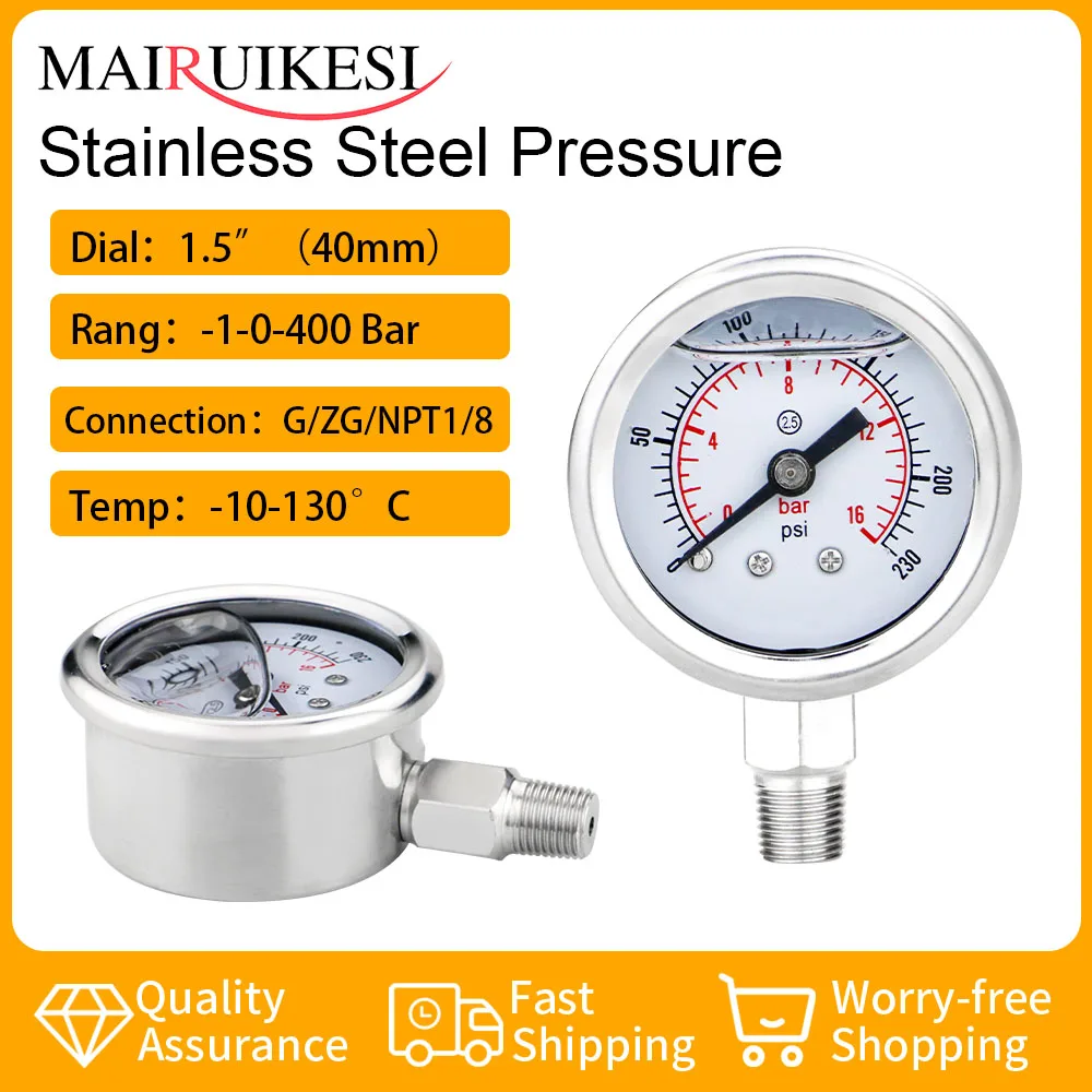 Манометр из нержавеющей стали, 40 мм (1,5 дюйма), манометр-1 ~ 0 ~ 400 бар/psi, нижнее соединение, глицерин, заполненный для воды, газа