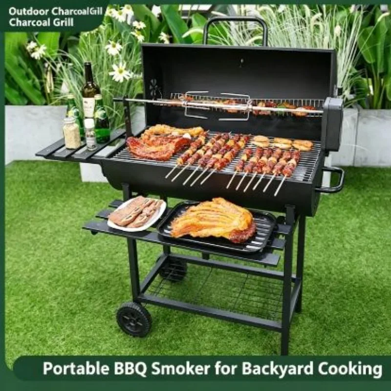 Large Charcoal BBQ Grill with Rotisserie Side Shelves Wheels for Outdoor Camping Garden Party Backyard Cooking