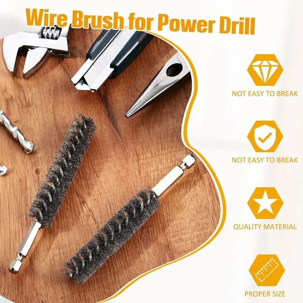 6/8/10/12/14Pcs Stainless Steel Steel Bore Brush With Handle 1/4 6.35mm Hex Shank Twisted Wire Borebrush 8-25mm