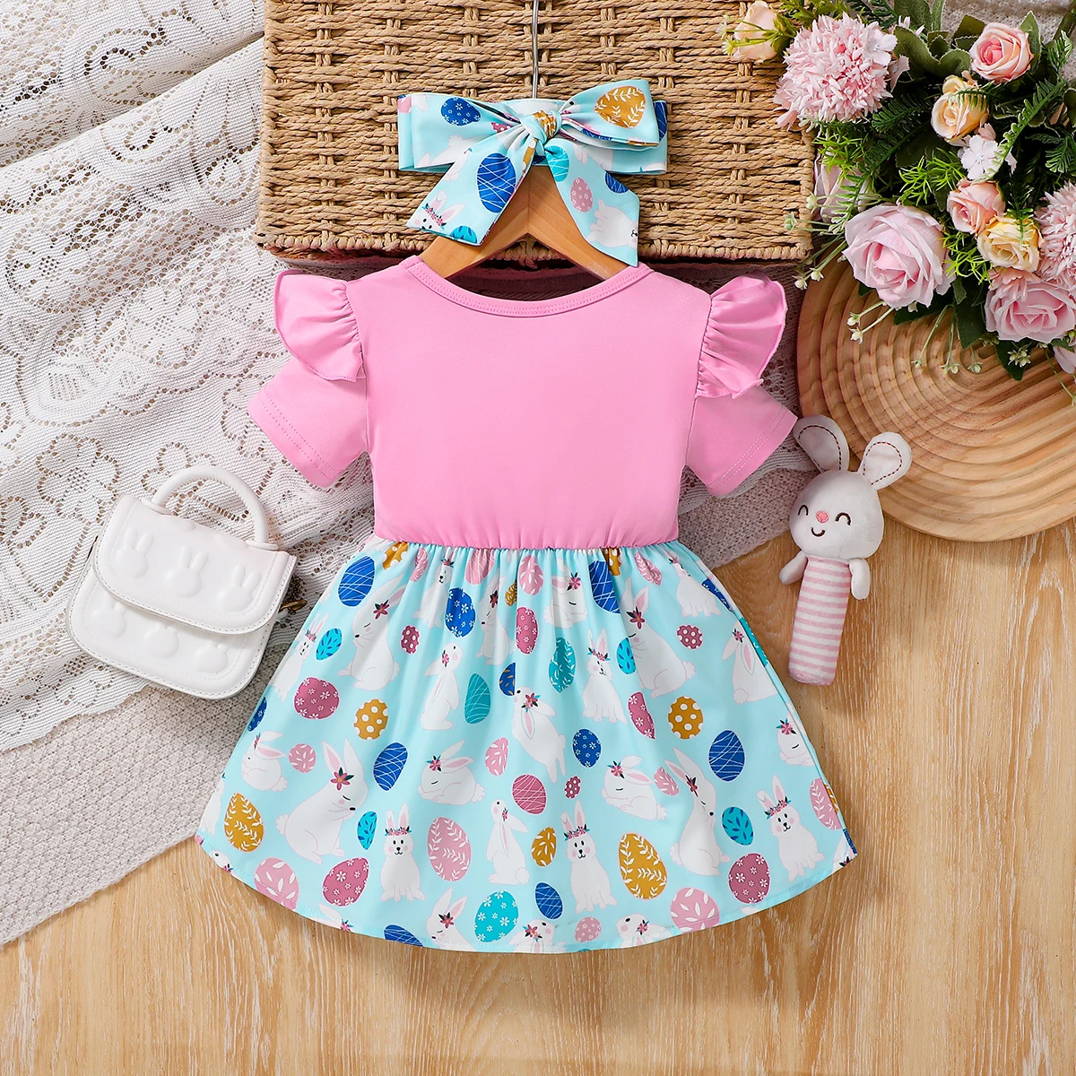 Girls Pink Mint Green Faux Two-Piece Dress with Bunny Egg Print Large Bow Fairy-Sleeve Design Breathable Hairband Included