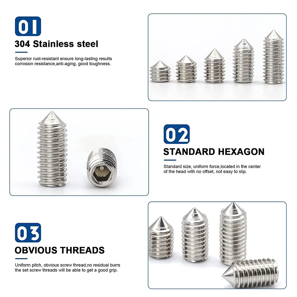 304 Aço Inoxidável Cone Ponto Grub Parafusos, Hex Soquete Set, Kit Parafuso, M5-M8, Fixadores de Hardware, 250Pcs