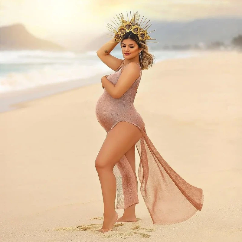 

Maternity Photography Dress Rose Gold Knitted Pregnancy Dresses Women for Baby shower Photo Shoot Robe Clothing Props Accessorie
