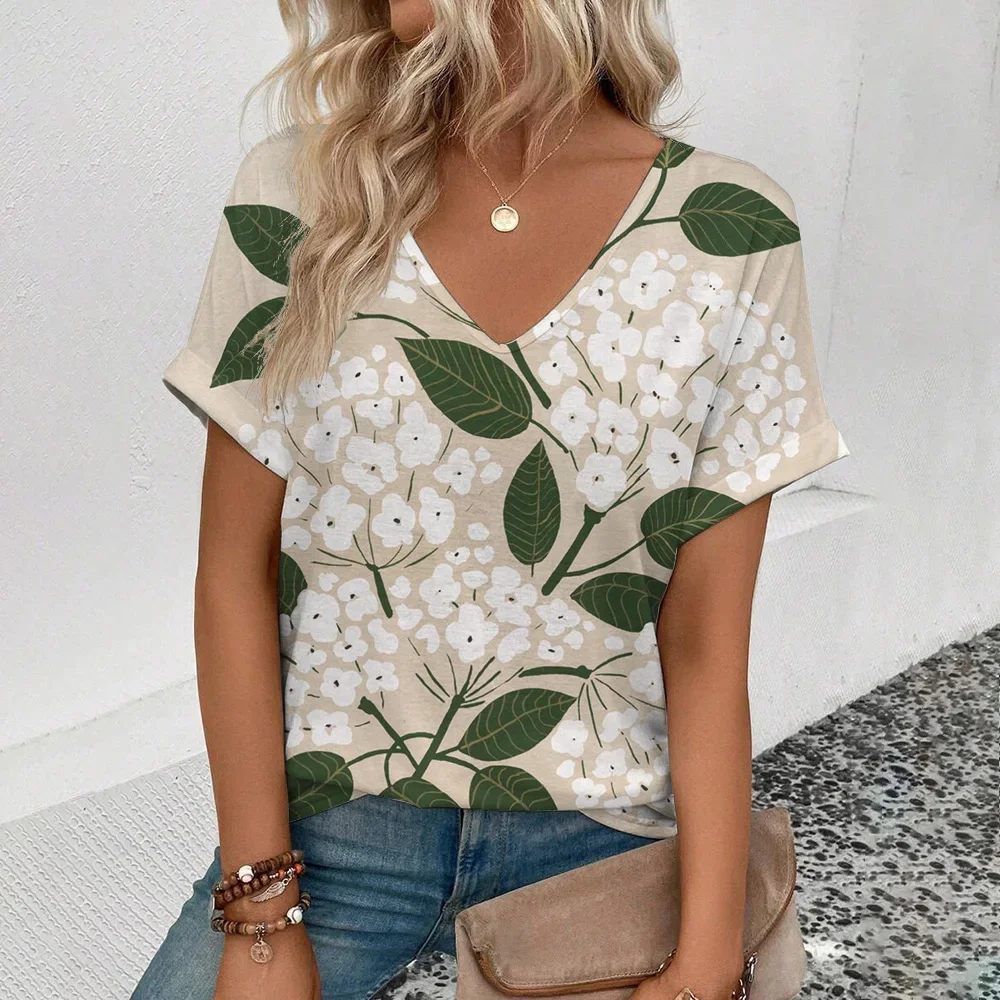 

Floral Print Women V Neck T Shirt Crop Y2k Top Plus Size Tee Summer Women's Trend Harajuku Clothing Female Short Sleeve Shirt