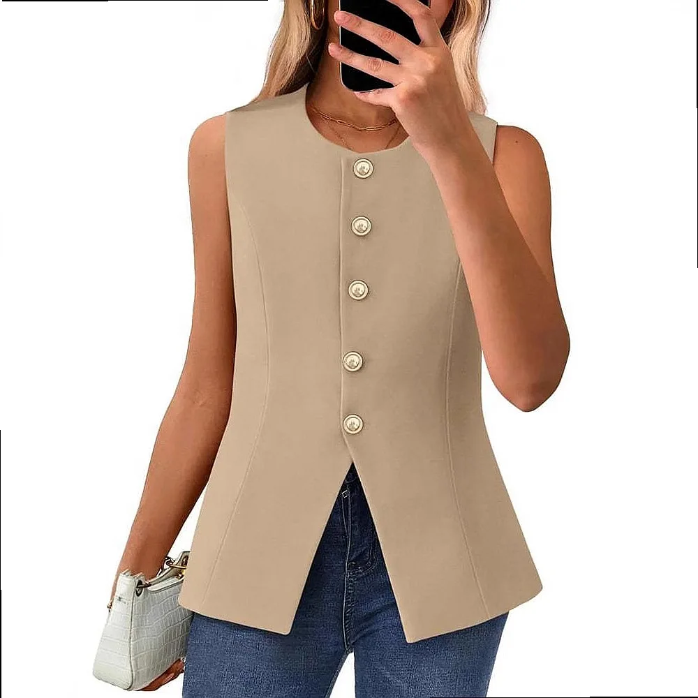 Metal Button Knit Vest Cardigan Open Front Sleeveless Top Summer Spring Tops Slim Fit Waistcoat