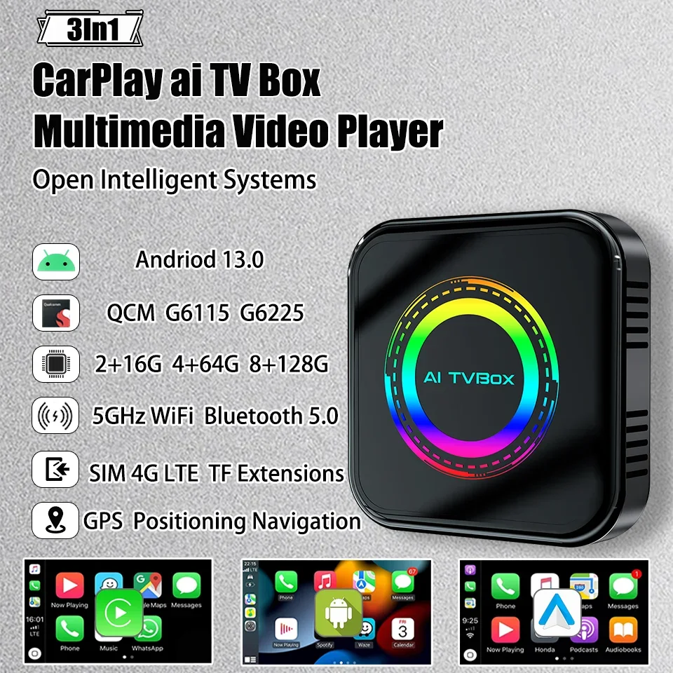 

2025 New LED Android 13 Ai Box Wireless CarPlay & Android Auto 3in1 Adapter Built-in Netfilx Youtube Google Play GPS SIM 4G LTE