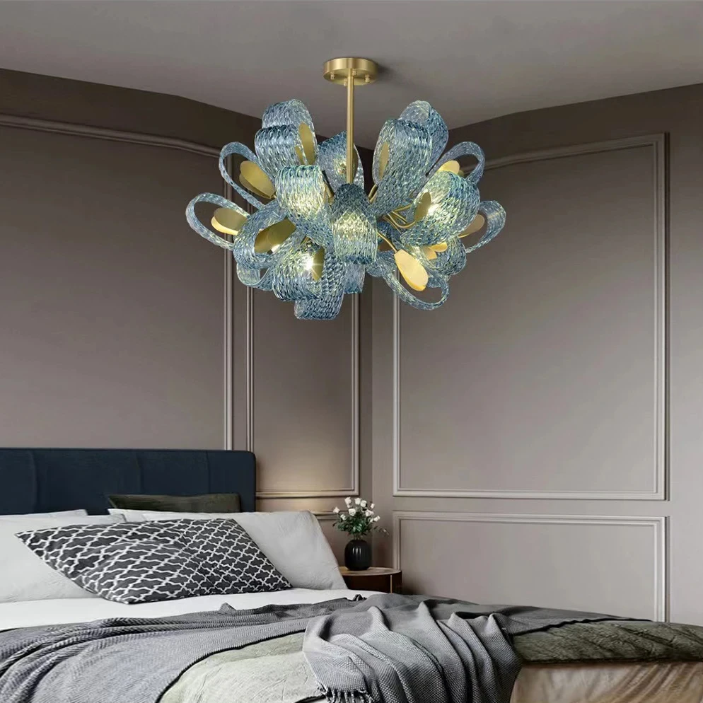 Luxury LED Chandelier Blue Peacock Leaf Glass Pendant Lamp Living Room Hanging Lamps G9 Bulb Home Decor Lighting Luminaire