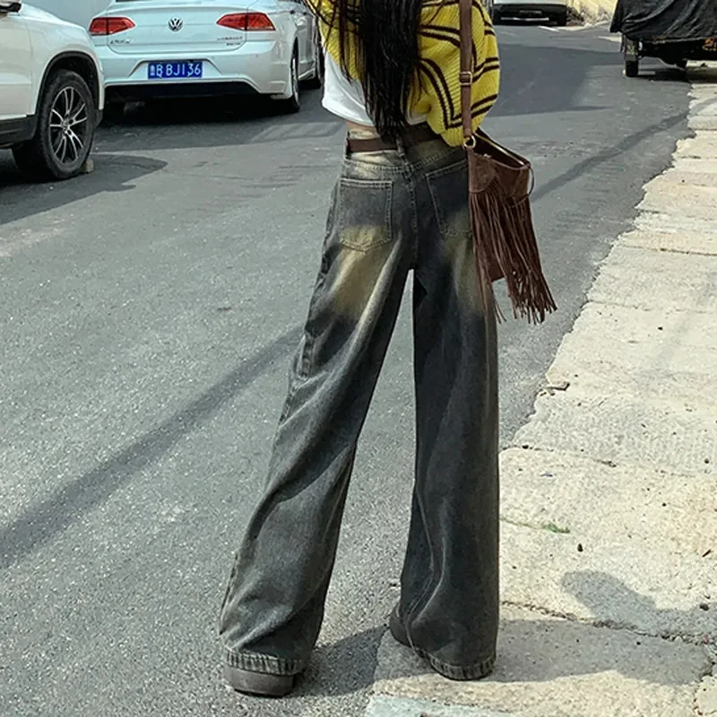 New Niche Retro Wash To Do Old High-waisted Straight Leg Skinny Jeans Women Fashion Casual Wide-leg Mop Trousers Long Pants