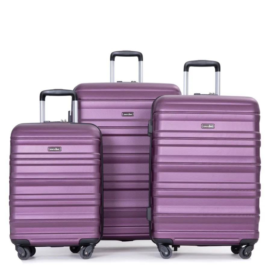 

Expandable 3 Piece Luggage Sets PC Lightweight Durable Suitcase with Two Hooks Spinner Wheels TSA Lock 21 25 29 Dark Purple