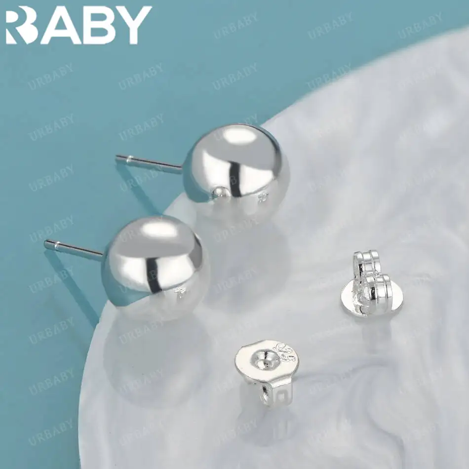 

URBABY 925 Sterling Silver 8mm Round Bead Glossy Stud Earrings For Women Fashion Classic Jewelry Party Holiday Accessories