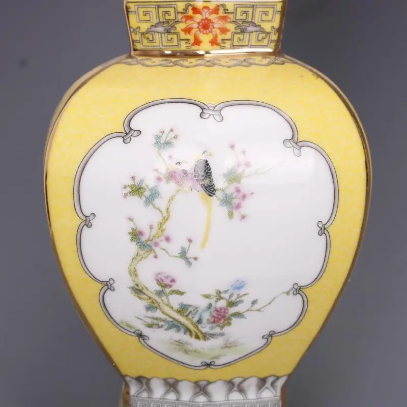 Chinese Yellow Enamel Porcelain Qing Qianlong Flower Bird Design Vase 10.39 inch