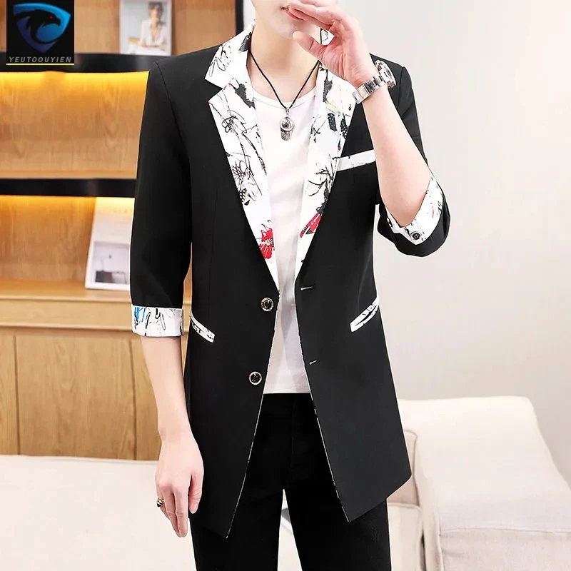 Summer Blazers For Men Patchwork Thin Trench Coat Single-Breasted Slim Suit Jacket Korean Fashion Mid-Sleeve Terno Masculino