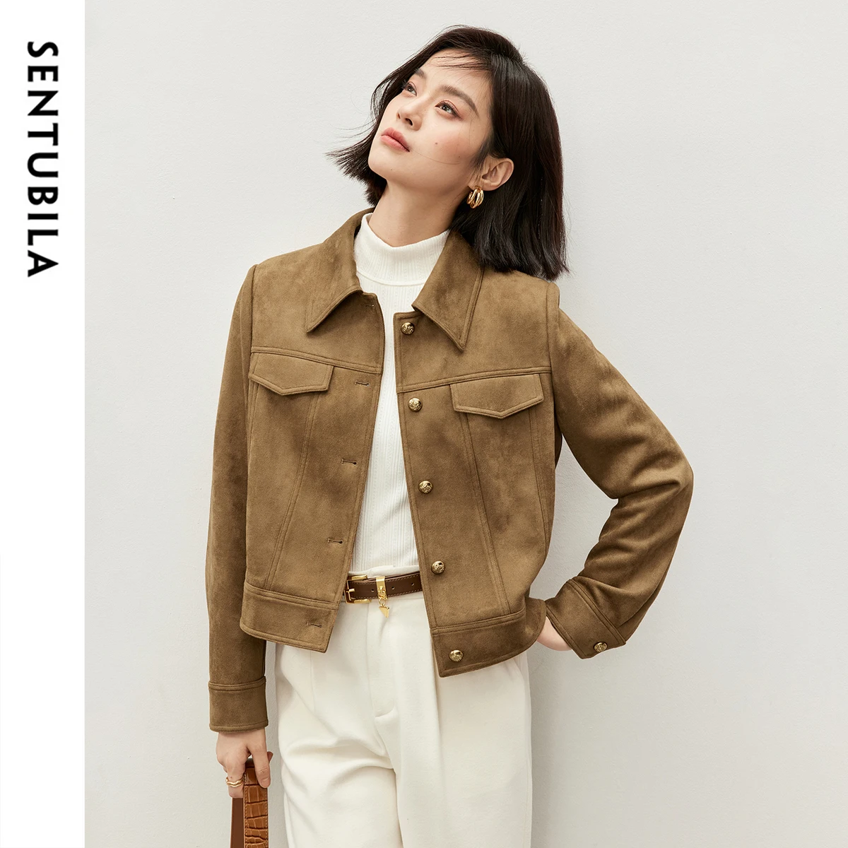 

SENTUBILA женские куртки из искусственной замши, зимняя теплая верхняя одежда, винтажная байкерская куртка 2025 года, женское короткое пальто 143W56798