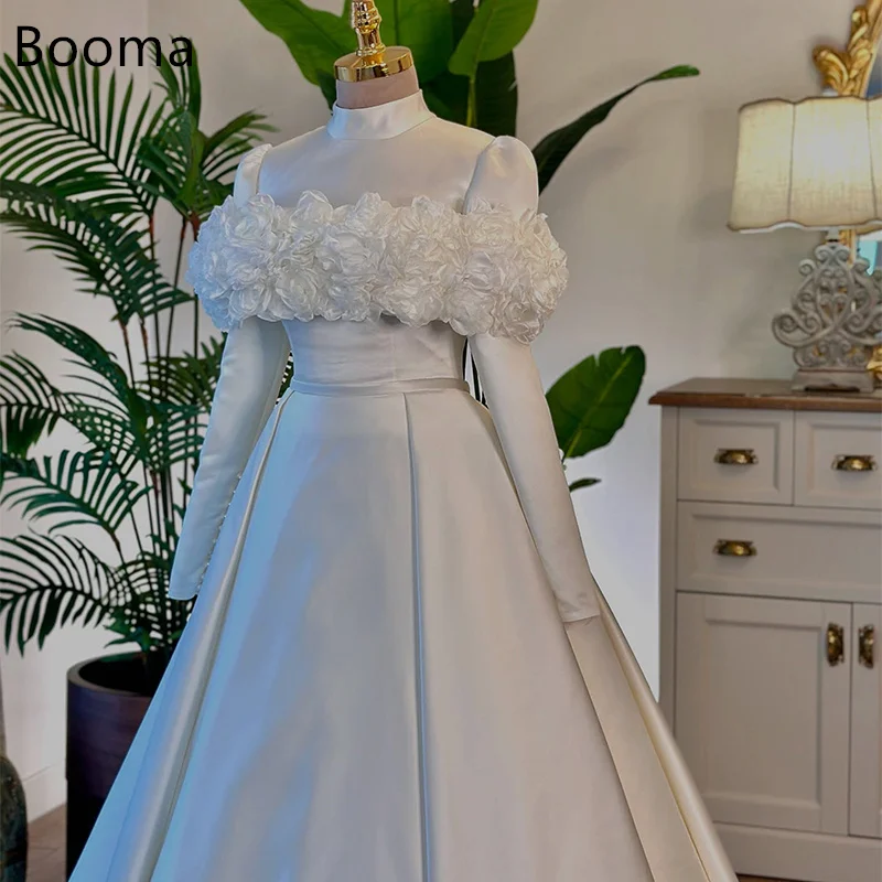

Booma A-Line Long Flowers Wedding Dresses Satin Simple No Veil Full-Sleeve Elegant Brides Gown Custom Made 2025