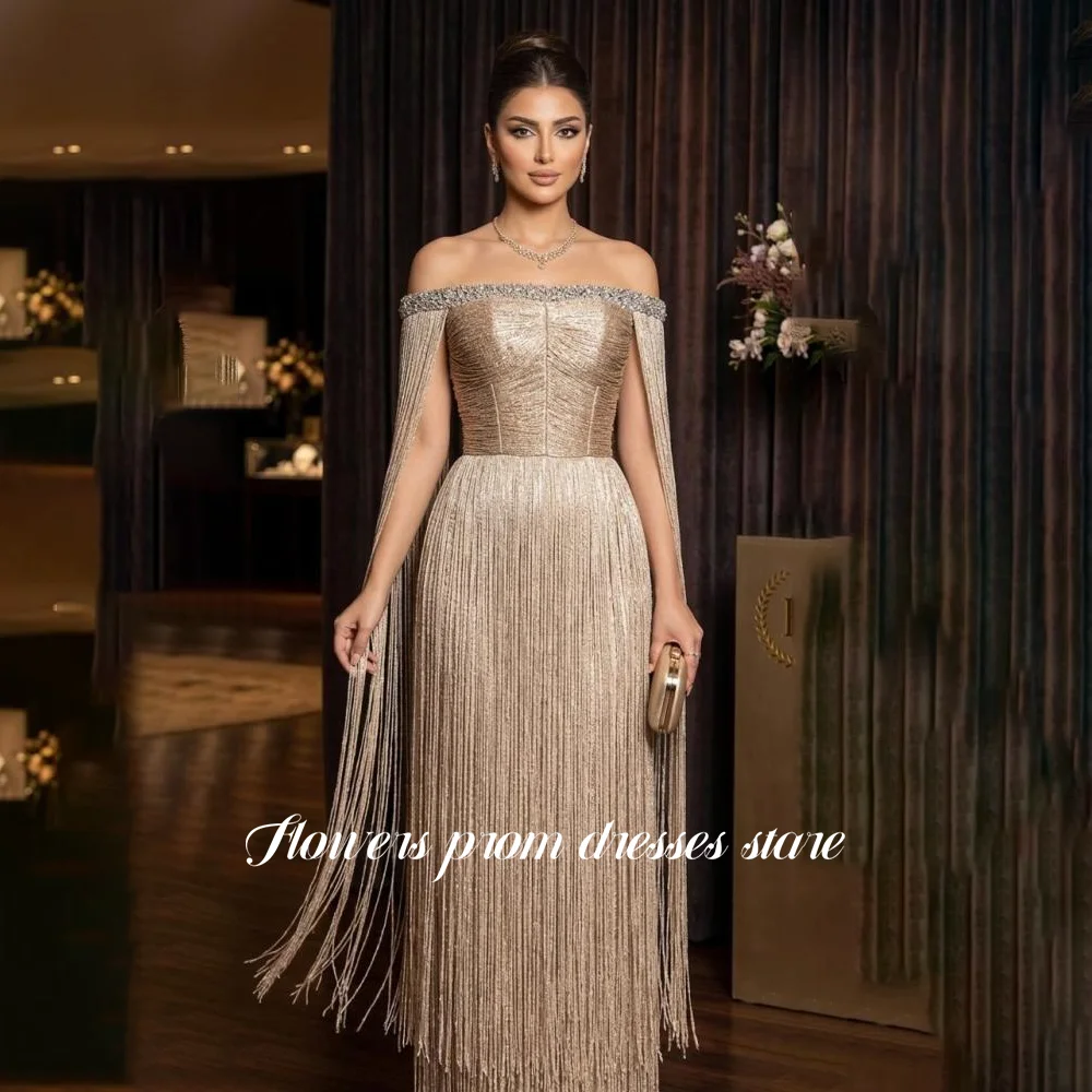 Flowers Champagne Prom Dress Tassels Party Dress Beading Crystal Stone Luxury Evening Gala Dress Formal Princess Gown Customized image 5