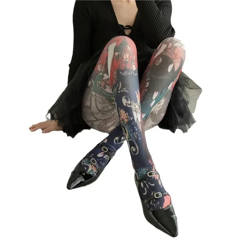 2024 Women\'s Graffiti Printed Tights Butterfly Lattice Seamless Pantyhose Female Sexy Stretch Long Socks High Waist Stockings