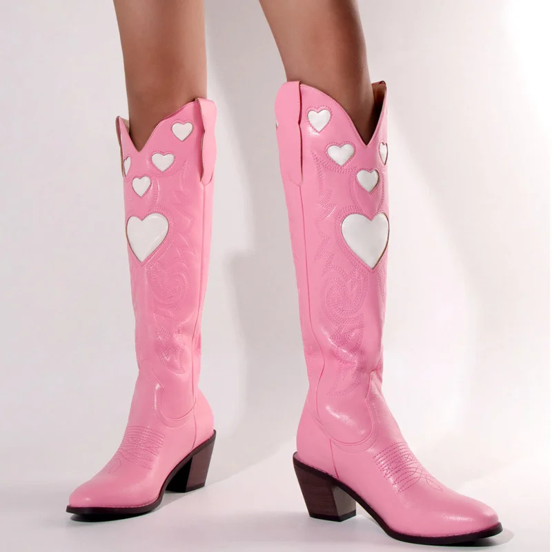 Fashion Pink Cowgirl Boots For Women Love Heart Western Cowboy Boots Pointed Toe Slip-On Chunky Heels Female Knee High Boots