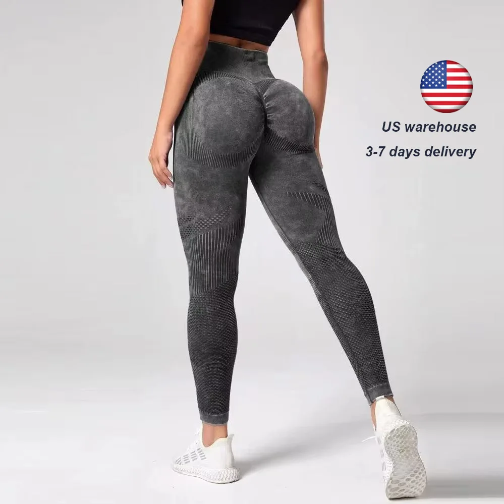 US Warehouse Fitness Leggings Women Yoga Pants Gym Tights Scrunch Push Up Seamless Sport Leggings Sand Wash Sportswear