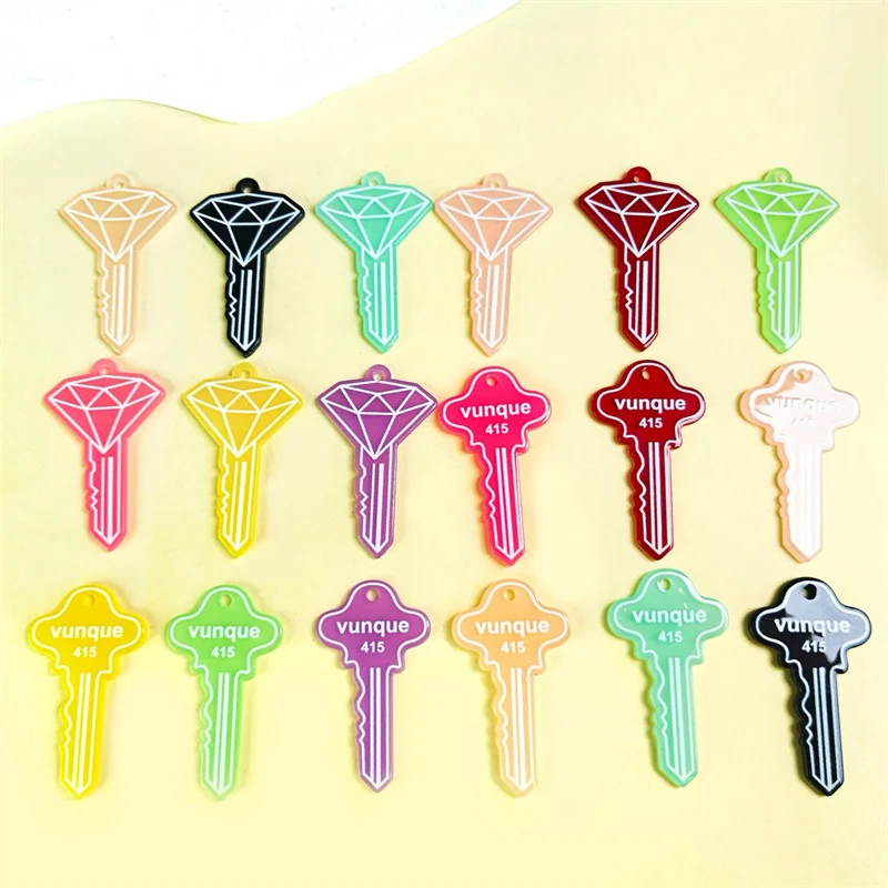 Wholesale 50pcs/lot color pattern print cartoon key shape acrylic diy jewelry garment key chain pendant accessory