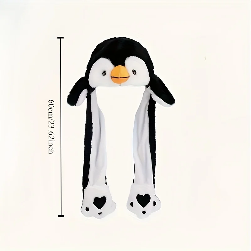 Anime-Themed Knit Fabric Penguin Hat w/ Ear Lift and Jump Function, Cute Plush Breathable Comfort Design, Fun Gift for All Ages