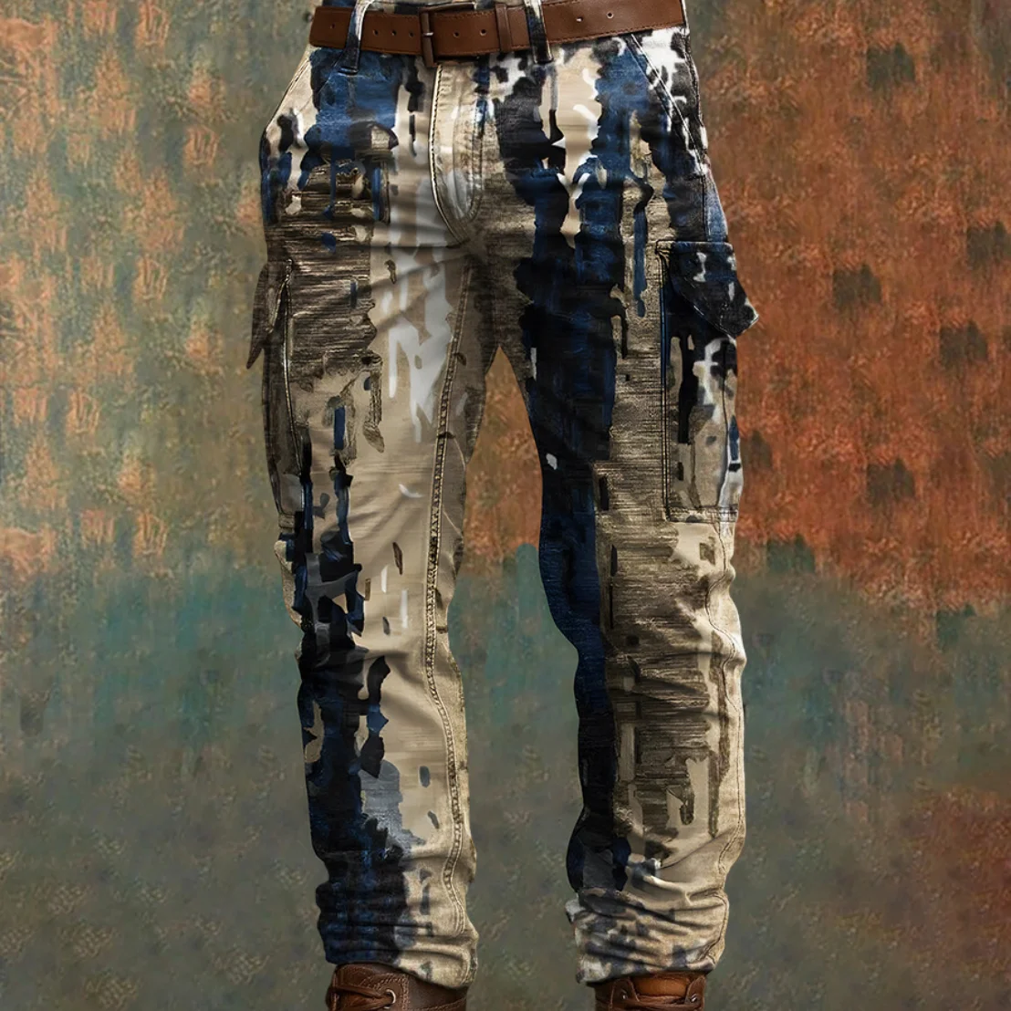 Youth Patchwork Print Cargo Pants Men Multi-Pocket Streetwear Casual Trousers