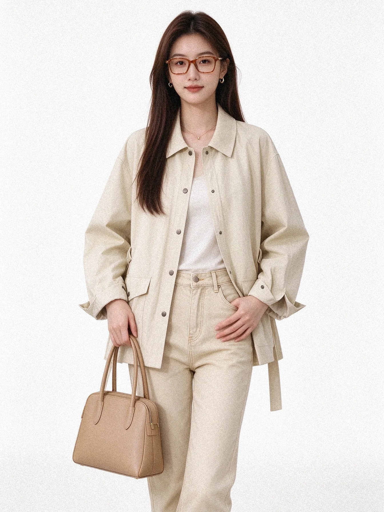 Autumn New Style PU Leather Jacket Stand Collar Belted Biker Shirt Versatile Top Casual Fashion Standard Size No Fur Collar