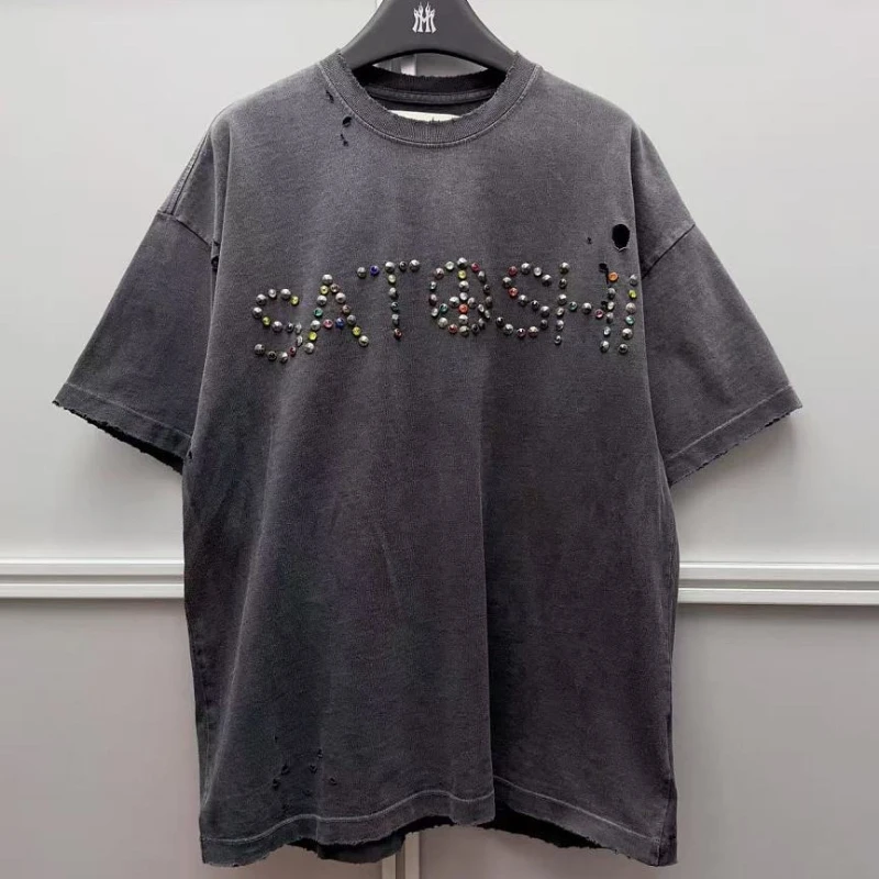 Oversize Satoshi Rhinestone T-shirt Washed Black Destroyed Hole Hip Hop Streetwear Men Women Casual Top