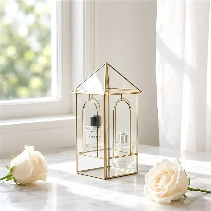 Light luxury gold wrought iron glass cover decoration, European retro wind lamp storage box, home desktop dresser