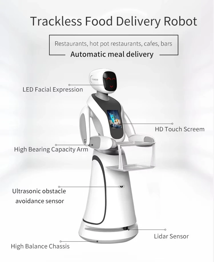 Alpha Amy Delivery Robot Commercial Autonomous VSLAM Navigation 2 Tray Layers Food Drinks Waiter Restaurant Pizza Coffee