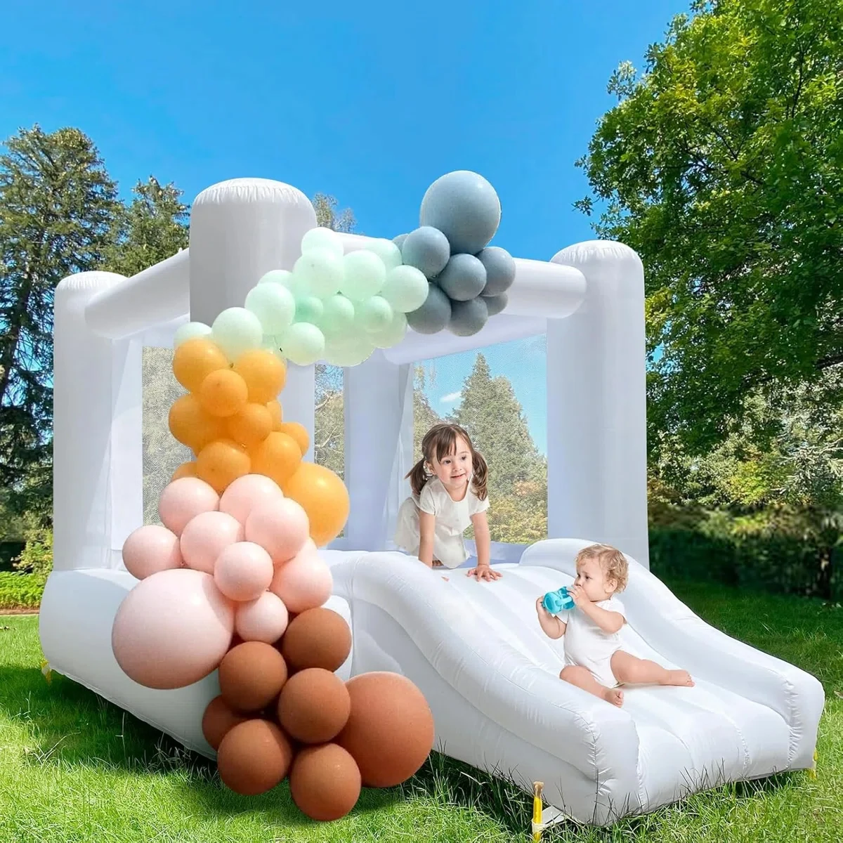 

6FT Mini White Jumping Castle For Kids Birthday Party Decoration Inflatable Bouncy Castle Outdoor With Slide Blower Bounce House