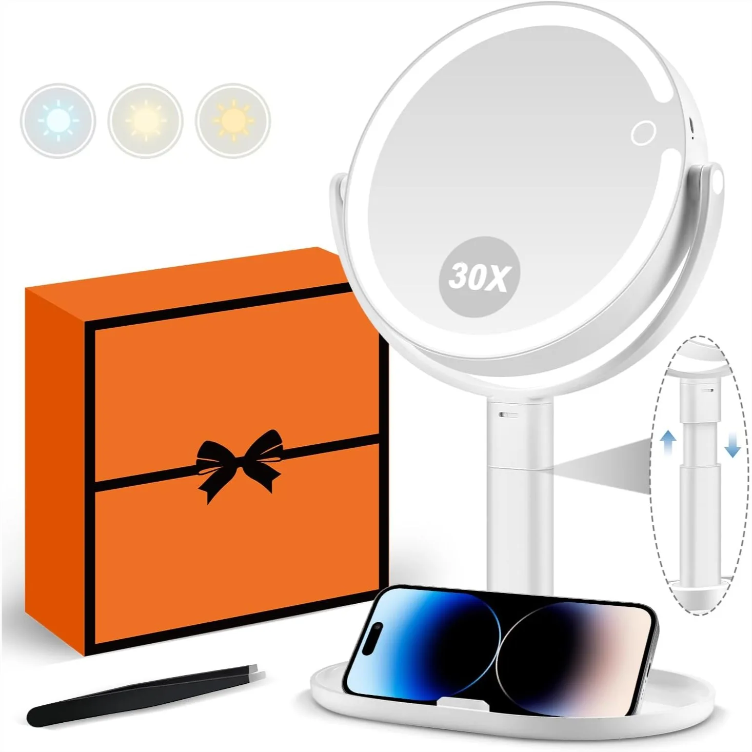 

Makeup Mirror With Lights 30X Magnifying Mirror With Light And Touch Switch Vanity Mirror With 3 Color Light And 80 LEDs Height Adjustable Desk Mirror With Lights White